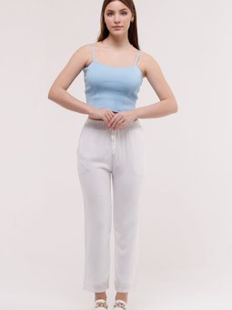 Beyaz Yazlık Önü Bağcık'lı Ve Beli Lastikli Şık Dokuma Viskon Cepli Kumaş Pantolon