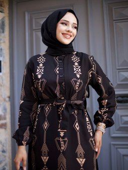 Giyim Bisiklet Yaka Önü Düğmeli Ve Kuşaklı Etek Büzgülü Viskon Elbise