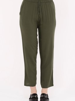 Haki Yazlık Önü Bağcık'lı Ve Beli Lastikli Şık Dokuma Viskon Cepli Kumaş Pantolon