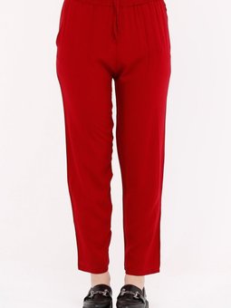 Kırmızı Yazlık Önü Bağcık'lı Ve Beli Lastikli Şık Dokuma Viskon Cepli Kumaş Pantolon