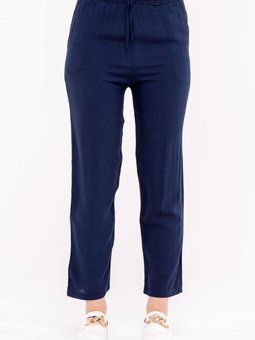 Lacivert Yazlık Önü Bağcık'lı Ve Beli Lastikli Şık Dokuma Viskon Cepli Kumaş Pantolon