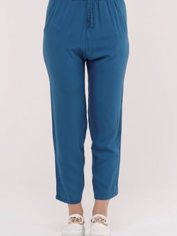 Mavi Yazlık Önü Bağcık'lı Ve Beli Lastikli Şık Dokuma Viskon Cepli Kumaş Pantolon