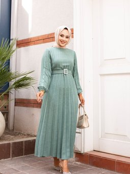 Mint Bisiklet Yaka Kolu Lastikli Ve Kemerli Şık Piliseli Keten Elbise