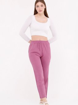 Pembe Yazlık Önü Bağcık'lı Ve Beli Lastikli Şık Dokuma Viskon Cepli Kumaş Pantolon