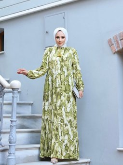 Sarı Yakası Önde Püskül Ve Kol Ucu Lastikli Dokuma Viskon Kumaş Ebru Desenli Elbise