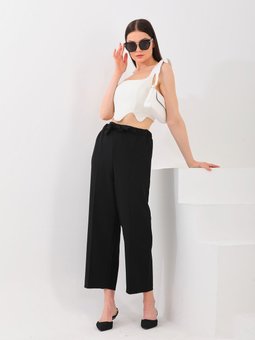 Siyah Reems Mevsimlik Ön Bağlamalı Ve Beli Esnek Lastikli Dubble Kumaş Cepli Pantolon