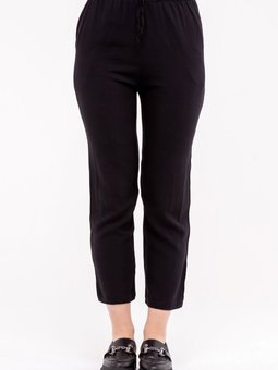 Siyah Yazlık Önü Bağcık'lı Ve Beli Lastikli Şık Dokuma Viskon Cepli Kumaş Pantolon