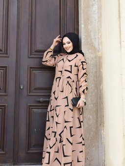 Vizon Yazlık Önü Düğmeli Desenli Dokuma Viskon Şık Elbise