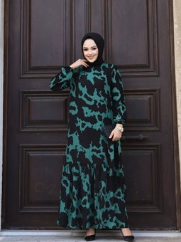 Yeşil Yazlık Kuşaklı Dokuma Kumaş Şık Elbise