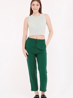 Yeşil Yazlık Önü Bağcık'lı Ve Beli Lastikli Şık Dokuma Viskon Cepli Kumaş Pantolon