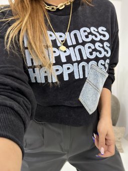 Antrasit Jean Cep Detaylı Yıkamalı Crop Sweat