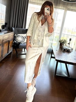 Ekru Gümüş Varaklı Yırtmaçlı Uzun Kot Etek