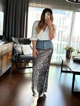 Gümüş Siyah Garnili Payet Uzun Kot Etek