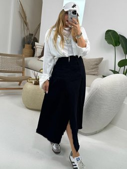 Siyah Kanvas Kumaş Asimetrik Parçalı Uzun Etek