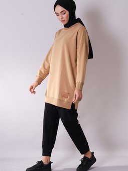 30644 Bisiklet Yaka 2 Iplik Tunik Latte