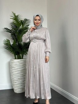 Seval Beli Kemerli Abiye Elbise Gri