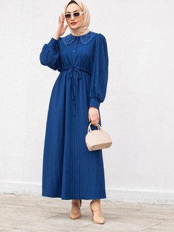 Yaka Güpür Dantelli Pamuk Elbise Laci