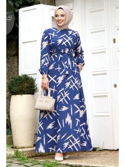 Fırça Desenli Beli Kuşaklı İndigo Elbise