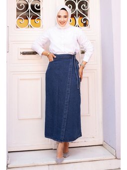 Yandan Bağlamalı Kot Mavi Etek