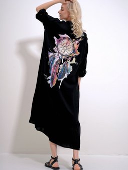 Siyah Tek Cepli Eteği Volanlı Sırtı Baskılı Dokuma Viskon Gömlek Elbise Alc X12015