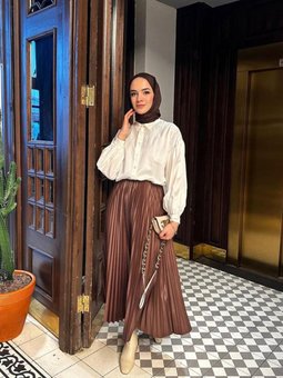 Acı Kahve Piliseli Deri Görünümlü Uzun Etek