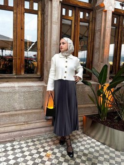 Antrasit Piliseli Deri Görünümlü Uzun Etek