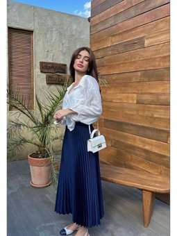 Düz Lacivert Piliseli Uzun Etek