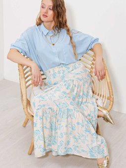 Krem Desenli Viskon Uzun Etek