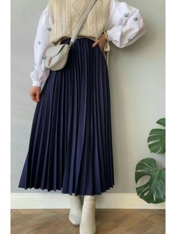 Lacivert Oversize Piliseli Uzun Etek