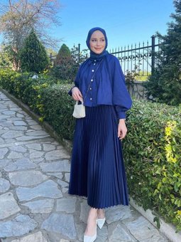 Lacivert Piliseli Uzun Etek