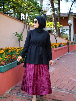 Mürdüm Piliseli Kadife Uzun Etek