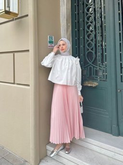 Toz Pembe Piliseli Uzun Etek