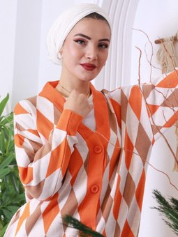 Baklava Desenli Triko Hırka Oranj