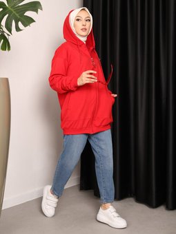 Kanguru Cepli Fermuarlı Kırmızı Hırka