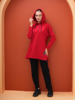 Kırmızı Sweat Tunik Pantolon İkili Spor Takım