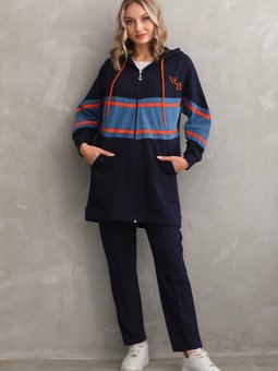 Lacivert Kot Parçalı Şeritli Alt Üst İkili Eşofman Takım