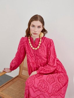 Hakim Yaka Desenli Uzun Fuşya Elbise E 0350