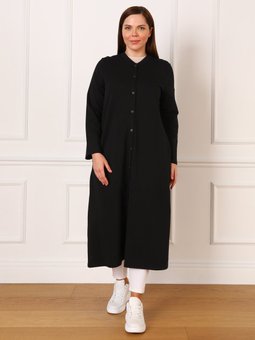 Büyük Beden Boydan Çıtçıt Düğmeli İplik Örme Siyah Kap