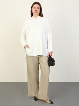 Büyük Beden Brode Detaylı Pamuklu Beyaz Gömlek