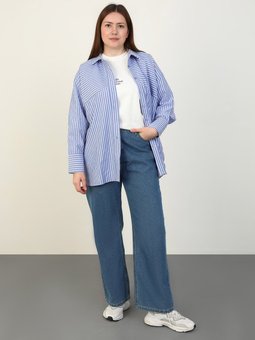 Büyük Beden Çizgi Detaylı Pamuklu Poplin Lacivert Gömlek