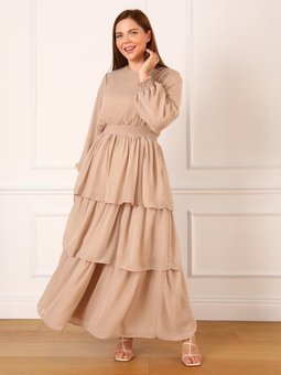 Büyük Beden Katlı Şifon Koyu Vizon Abiye Elbise