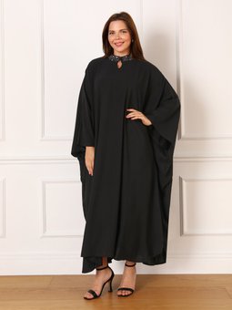 Siyah Büyük Beden Yakası Taş Detaylı Abiye Elbise Ferace