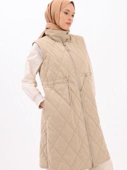 Bej Kapitoneli Fermuarlı Beli Büzgülü Yelek