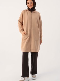 Bej Kapüşonlu Fermuarlı Sweat Hırka