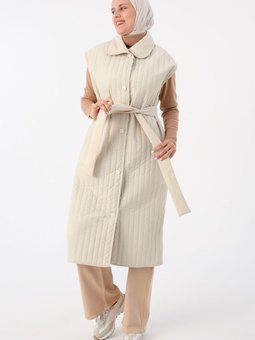 Bej Oversize Çıtçıtlı Dikey Çizgi Uzun Kapitone Yelek