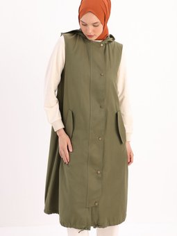 Haki Kapüşonlu Çıtçıtlı Yelek