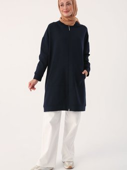 Lacivert Kapüşonlu Fermuarlı Sweat Hırka