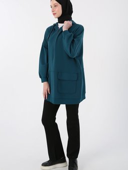 Petrol Cepli Kapüşonlu Oversize Sweat Hırka