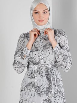 Çiçek Desenli Manşetleri Bağlamalı Krep Elbise 42890