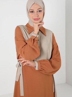 Yanı Bağlama Detaylı İki Renkli Elbise 43936